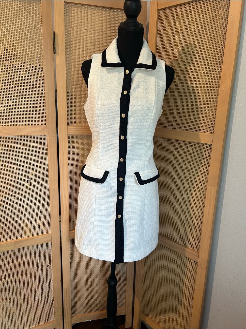 NWT Lost + Wander White Tweed Black Trim Button Mini Dress Sz S